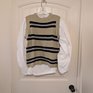 Sunday Up Olive and Black Striped Crewneck Sweater Vest and Shirt